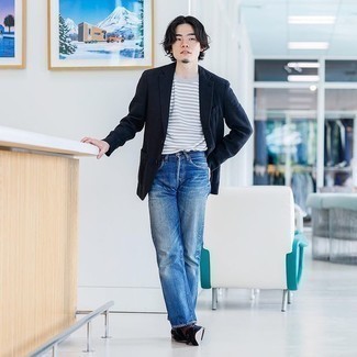 Как носить синие джинсы с синим пиджаком мужчине