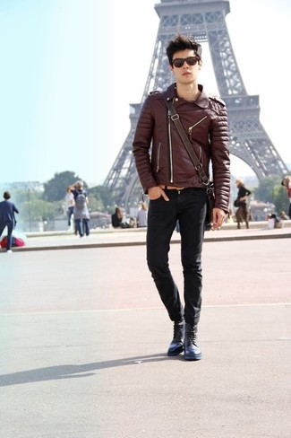 С чем носить синие кожаные повседневные ботинки мужчине