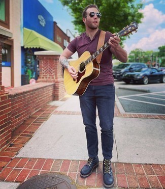 С чем носить синие кожаные повседневные ботинки мужчине