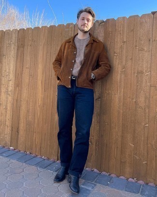 С чем носить синие кожаные ботинки челси мужчине