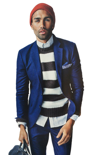 С чем носить синюю кожаную дорожную сумку мужчине