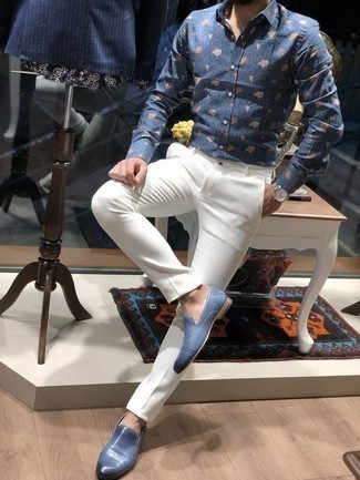 С чем носить синие кожаные лоферы мужчине