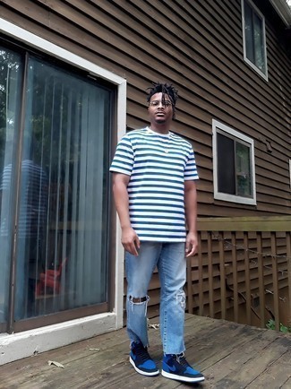 С чем носить синие кожаные кеды мужчине