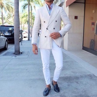 С чем носить синие кожаные лоферы с кисточками