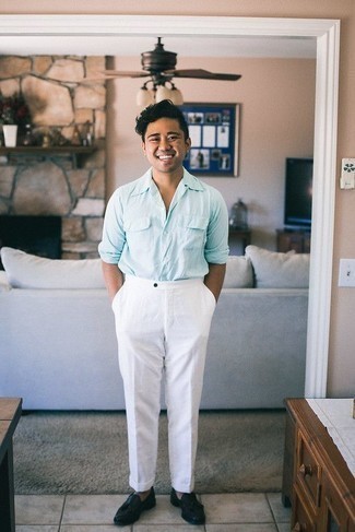 С чем носить синие кожаные лоферы с кисточками