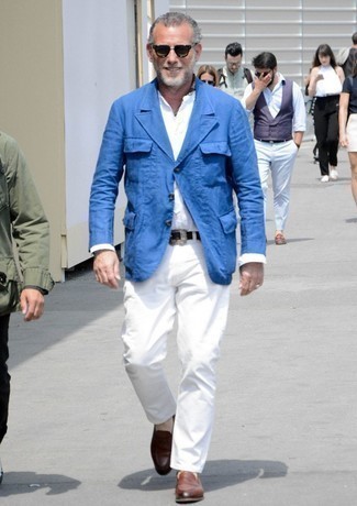 Как носить синий льняной пиджак с белыми брюками чинос