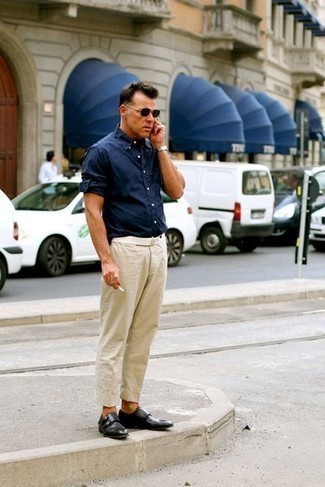 Какие монки носить с синей рубашкой с длинным рукавом