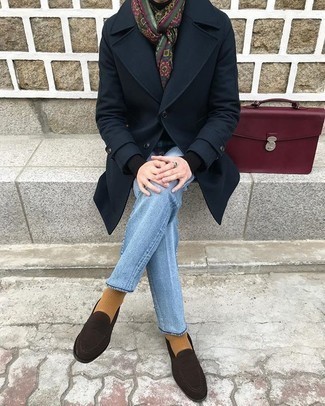 Какие лоферы носить с синим длинным пальто