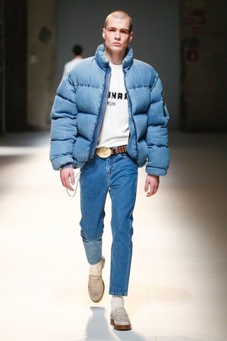 С чем носить синюю куртку-пуховик мужчине