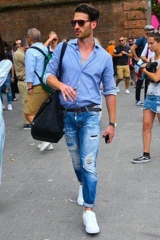 С чем носить синие рваные джинсы мужчине