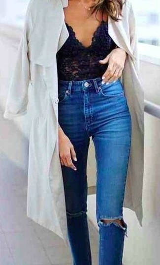 С чем носить синие рваные джинсы скинни