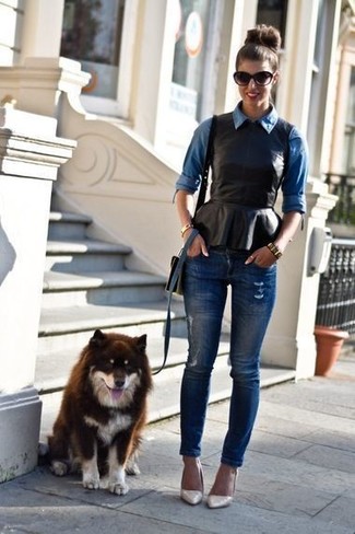 С чем носить синие рваные джинсы скинни