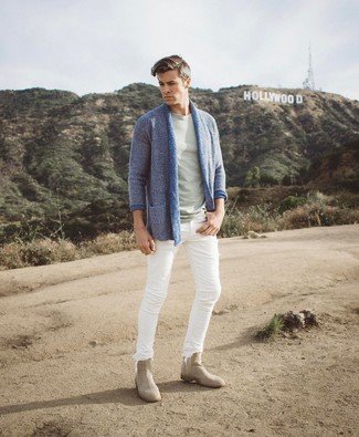 С чем носить синий кардиган с отложным воротником мужчине