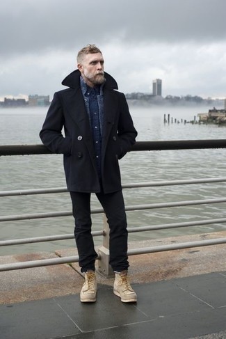 С чем носить синий кардиган с отложным воротником мужчине