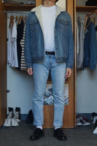 Какие туфли дерби носить с синей короткой дубленкой