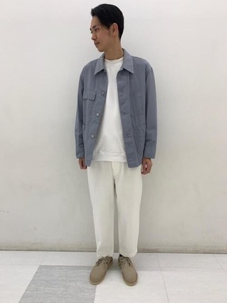 Какие ботинки дезерты носить с синей курткой-рубашкой