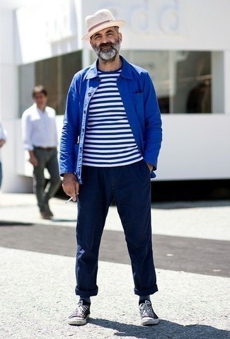 С чем носить синюю куртку-рубашку мужчине