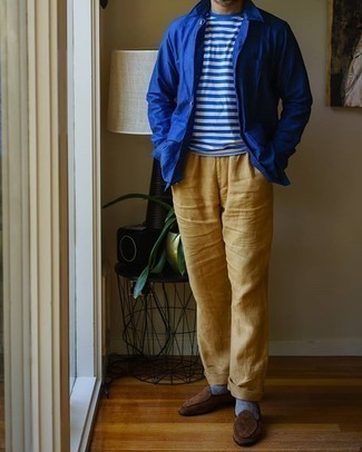 Какие лоферы носить с синей курткой-рубашкой мужчине