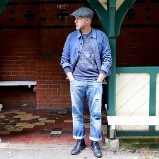 Какие свитшоты носить с синей курткой-рубашкой мужчине