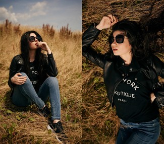 Какие косухи носить с синими джинсами скинни