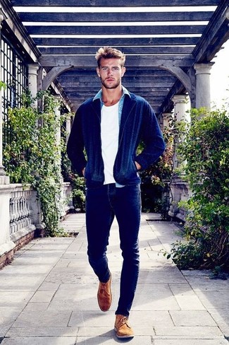 Какие бомберы носить с синими зауженными джинсами мужчине