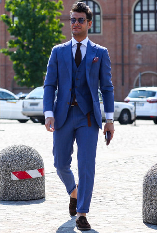 Какие лоферы носить с синим костюмом-тройкой