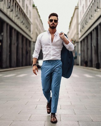 С чем носить синие брюки чинос в вертикальную полоску