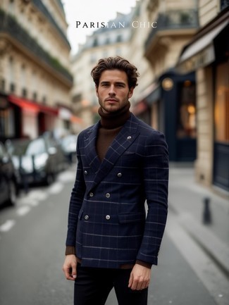 С чем носить синий шерстяной двубортный пиджак мужчине