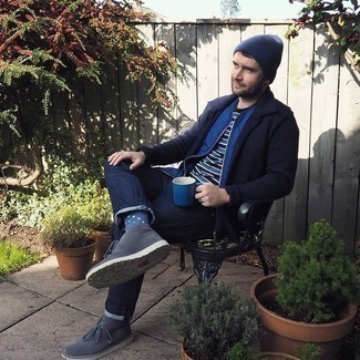 С чем носить синюю шерстяную куртку мужчине