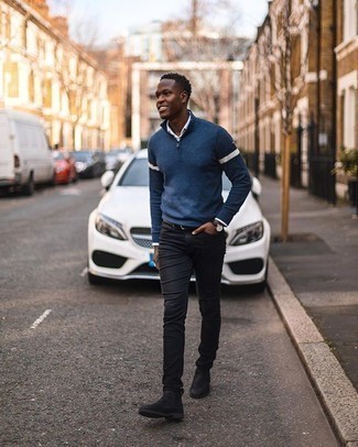 С чем носить синий свитер с воротником на молнии мужчине