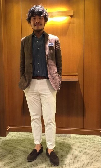 Какие брюки чинос носить с коричневым пиджаком