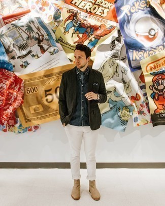 Какие джинсовые рубашки носить с коричневым пиджаком мужчине