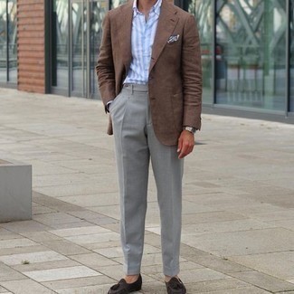 Как носить коричневый пиджак с серыми классическими брюками мужчине
