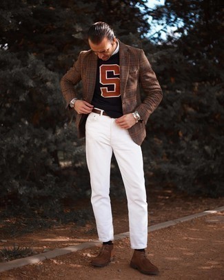 Как носить коричневый пиджак с белыми брюками чинос