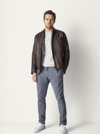 Какие кардиганы носить с коричневым бомбером мужчине