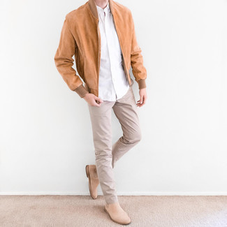 Какие ботинки челси носить с коричневым бомбером мужчине