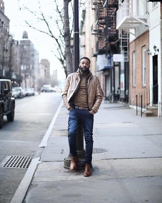 Какие ботинки челси носить с коричневым бомбером мужчине