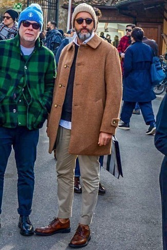 Какие длинные пальто носить с коричневыми брогами