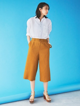 С чем носить коричневые брюки-кюлоты