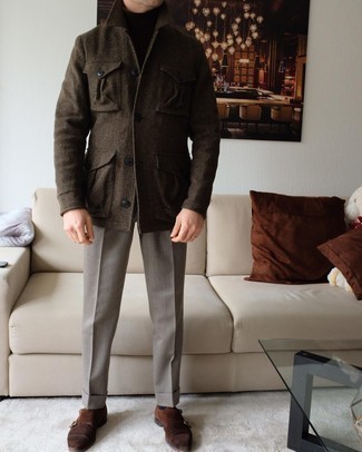 Какие полевые куртки носить с коричневыми монками с двумя ремешками