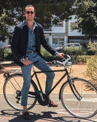 Какие двубортные пиджаки носить с коричневыми мокасинами мужчине