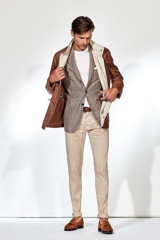 Какие лоферы с кисточками носить с коричневой полевой курткой