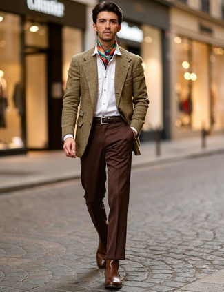 С чем носить коричневую куртку с узором "в ёлочку" мужчине