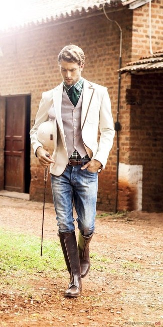 Какие пиджаки носить с коричневыми сапогами до колена мужчине