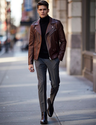 С чем носить коричневую кожаную косуху мужчине