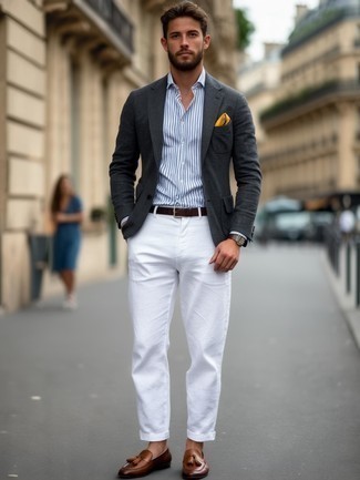 С чем носить коричневые кожаные лоферы с кисточками