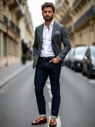 С чем носить коричневые кожаные лоферы с кисточками