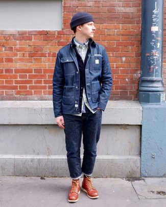 С чем носить коричневые кожаные рабочие ботинки мужчине