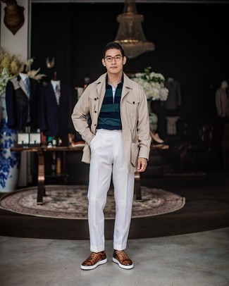 Какие футболки-поло носить с коричневыми низкими кедами мужчине