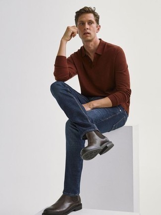 С чем носить коричневый свитер с воротником поло мужчине